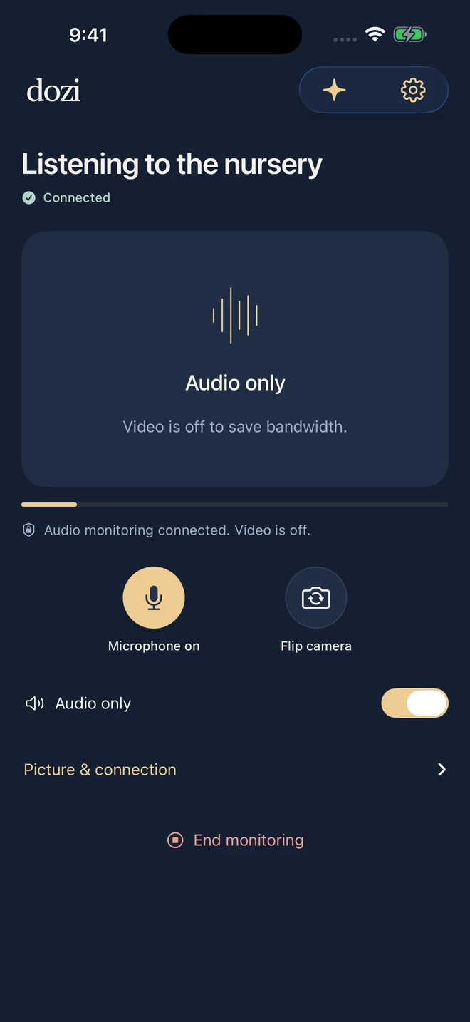 Dozi 2.0 audio-only monitor showing connection status