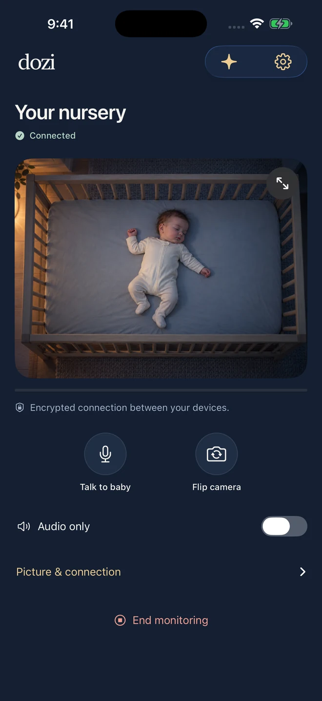 Dozi 2.0 parent monitor with nursery video and connection status