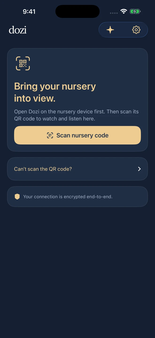 Dozi 2.0 parent setup screen with QR scanning and manual pairing options