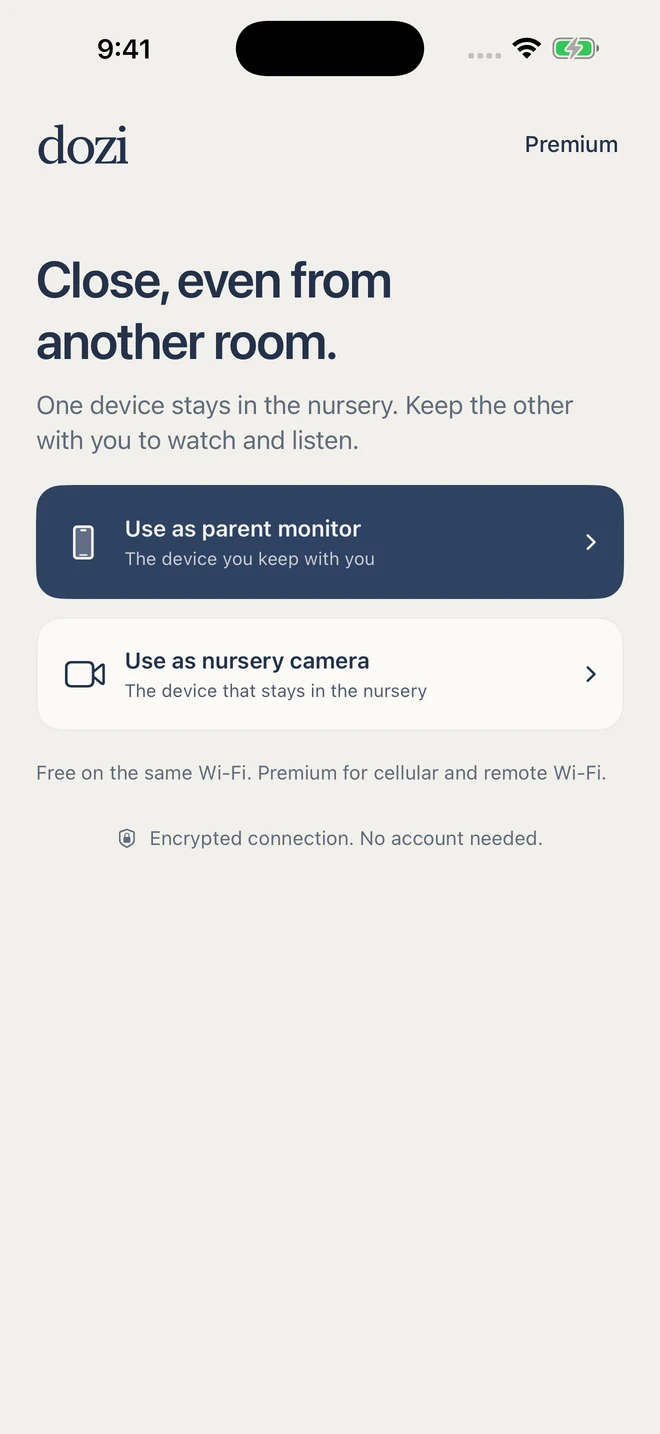 Dozi 2.0 welcome screen with encrypted connection and no account message